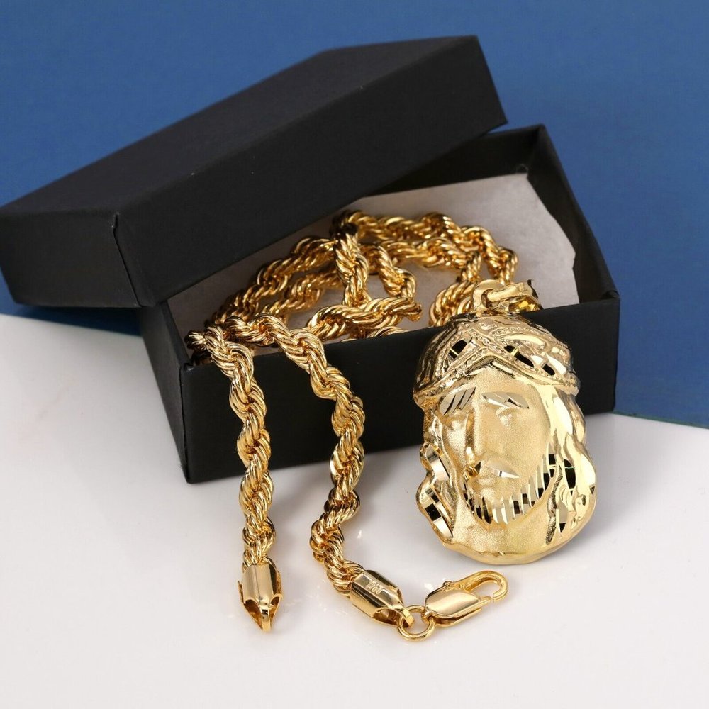 14k Gold Jesus Face Pendant + Necklace
